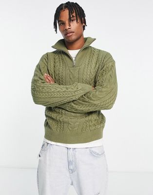 New Look heavy cable relaxed fit knit sweater in light khaki-Green