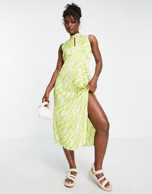 New Look high neck keyhole midi dress with side split in lime zebra print-Yellow