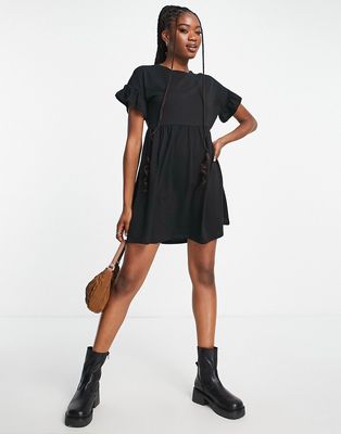 New Look jersey mini smock dress with frill sleeves in black