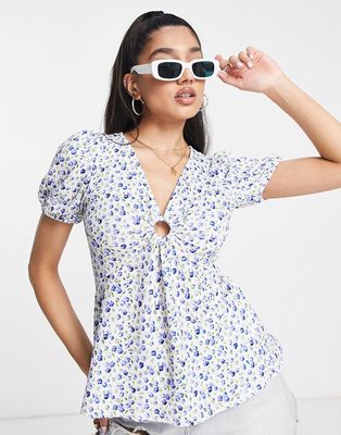 New Look keyhole blouse in blue ditsy floral
