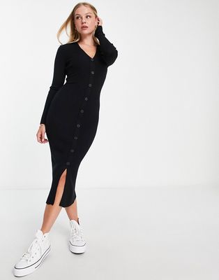 New Look knit button front polo midi dress in black