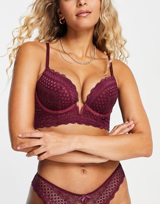 New Look lace push up bra in burgundy-Red
