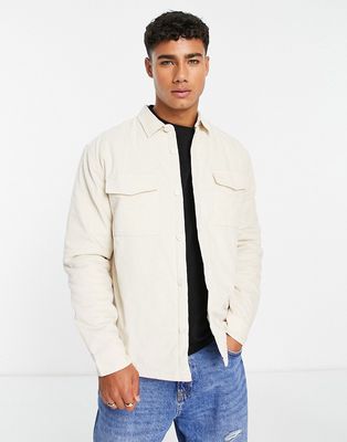 New Look lined cord overshirt in stone-Neutral