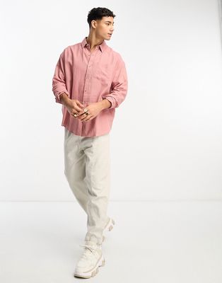 New Look long sleeve linen blend shirt in dark pink
