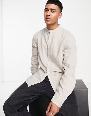 New Look long sleeve linen mix shirt in stone-Neutral