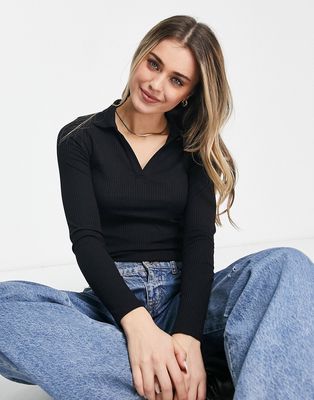 New Look long sleeve polo collar top in black