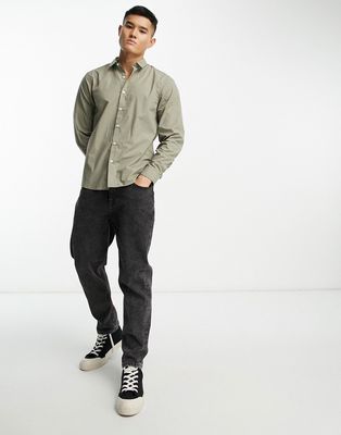 New Look long sleeve poplin shirt in light khaki-Green
