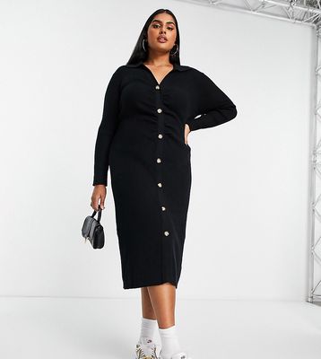 New Look long sleeve ruched front button through midi dress in black