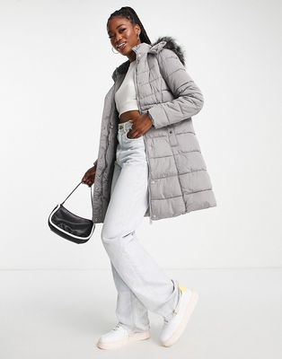 New Look longline padded coat with faux fur hood-Gray