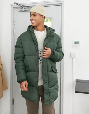 New Look longline puffer jacket in khaki-Green