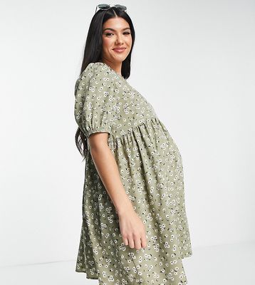 New Look Maternity tie sleeve smock mini dress in green floral