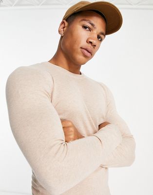 New Look muscle fit knitted sweater in oatmeal-Neutral