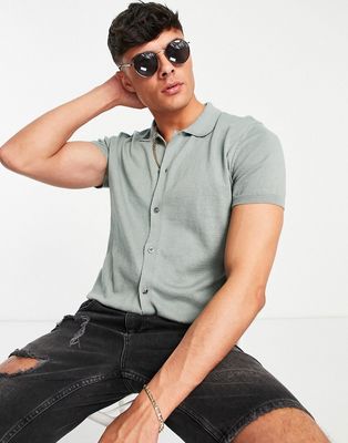 New Look Muscle Fit Oxford Shirt In Black-Green