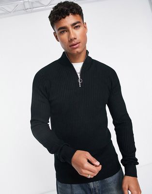 New Look muscle fit ribbed funnel neck sweater in black