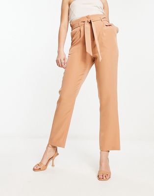 New Look paperbag tie waist straight leg pants in camel-Neutral