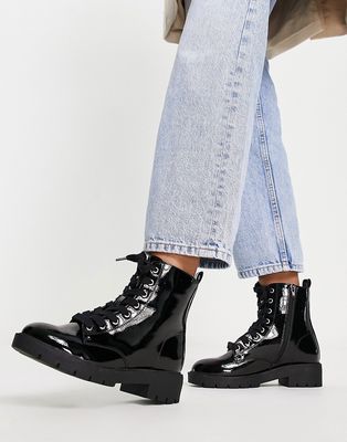 New Look patent flat chunky lace-up boots in black