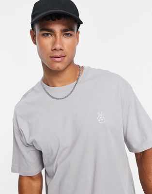 New Look peace embroidered oversized t-shirt in light gray