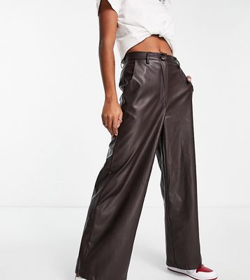New Look Petite faux leather wide leg pants in brown