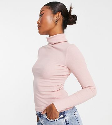 New Look Petite ribbed roll neck top in light pink