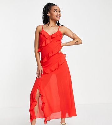 New Look Petite ruffled strappy midi dress in red