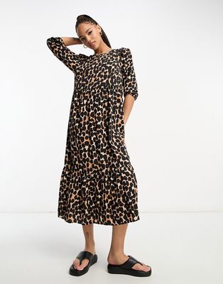 New Look puff sleeve smock midi dress in leopard print-Brown