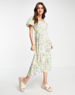 New Look puff sleeve tie back midi smock dress in yellow floral-Green