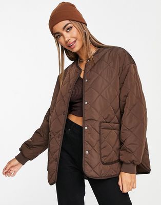 New Look quilted collarless jacket in brown