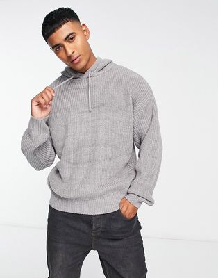 New Look relaxed fisherman knitted hoodie in light gray