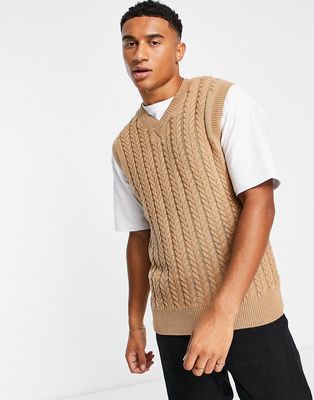 New Look relaxed fit cable knit vest in camel-Neutral