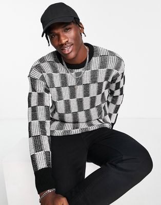 New Look relaxed fit checkerboard sweater in black