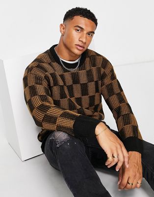 New Look relaxed fit checkerboard sweater in brown