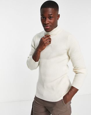 New Look ribbed muscle fit roll neck sweater in off white