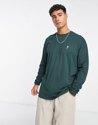 New Look rose embroidered long sleeve t-shirt in dark green