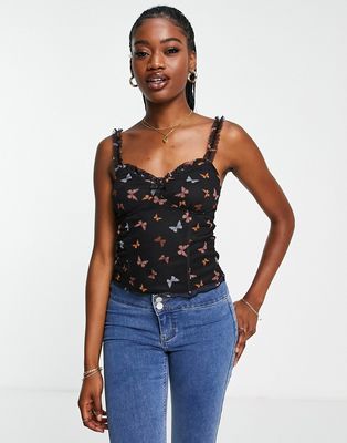 New Look ruched cami top in black butterfly print