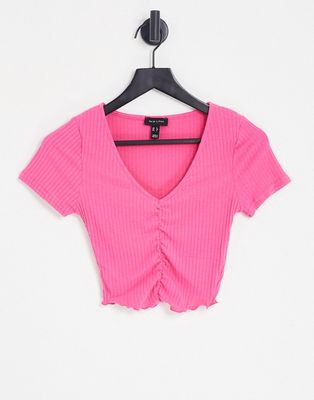 New Look ruched front T-shirt in bright pink
