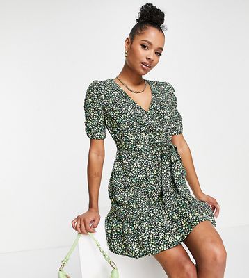 New Look ruched sleeve wrap mini dress in green floral