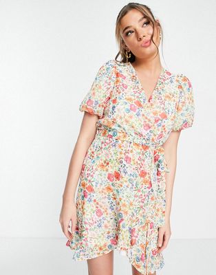 New Look ruffle wrap dress with puff sleeves in floral print-White