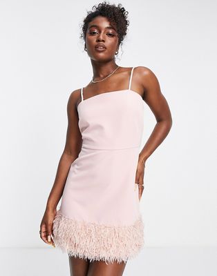 New Look satin dress with fluffy hem in pink