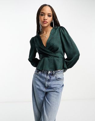 New Look satin wrap blouse with open back in green