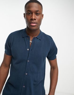 New Look short sleeve button through shirt in dark blue