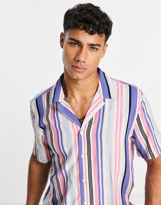 New Look short sleeve camp collar shirt with stripes in pink-Multi