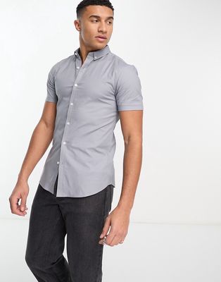 New Look short sleeve muscle fit oxford shirt in light gray