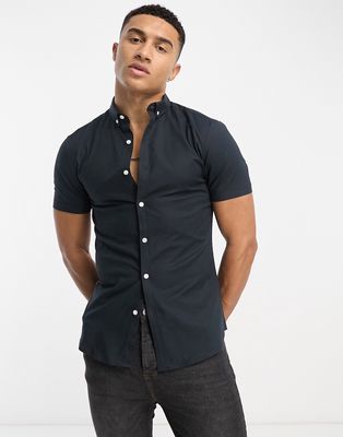 New Look short sleeve muscle fit oxford shirt in navy