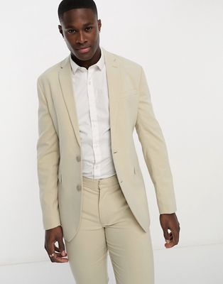 New Look single breasted skinny suit jacket in oatmeal-White