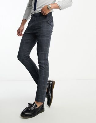 New Look skinny suit pants in gray & blue check-Navy