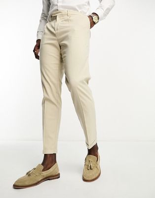 New Look slim fit pleated pants in oatmeal-White