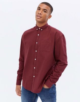 New Look smart long sleeve overshirt oxford shirt in burgundy-Red