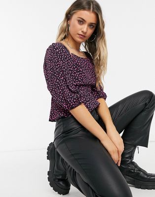 New Look square neck textured top in black pattern