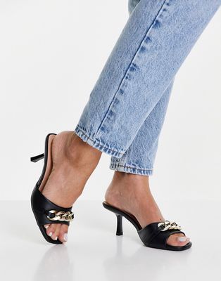 New Look square toe mid heeled chain detail mule in black