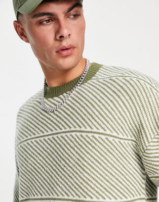 New Look stripe crew neck sweater in light khaki-Green